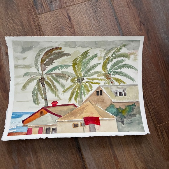 Other - Warren C Plauche Watercolor Painting Hurricane in the Bahamas Coconuts